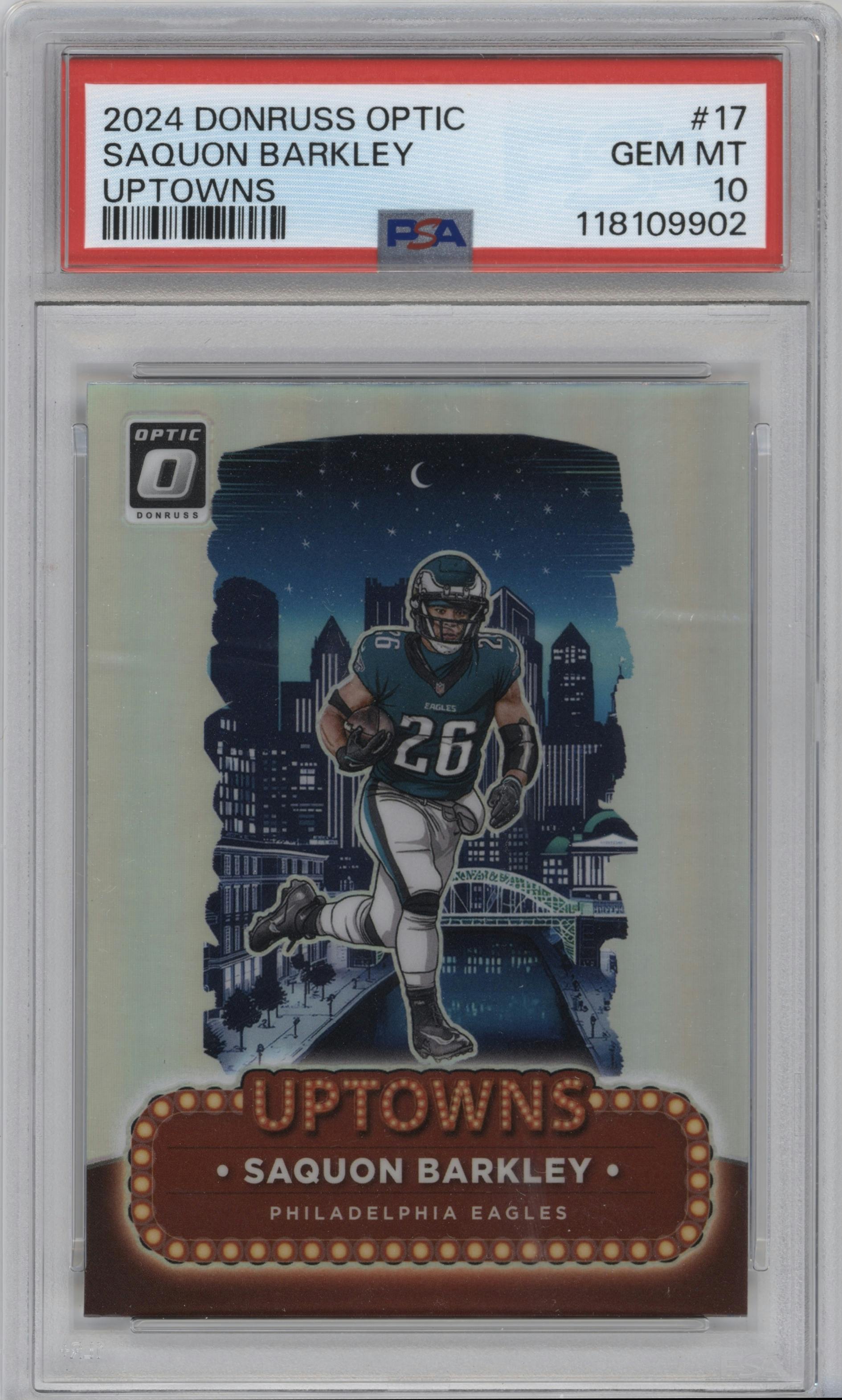 Saquon Barkley from the 2024 Donruss Optic set graded by PSA and given an overall grade of 10.