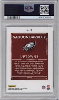 Saquon Barkley from the 2024 Donruss Optic set graded by PSA and given an overall grade of 10.