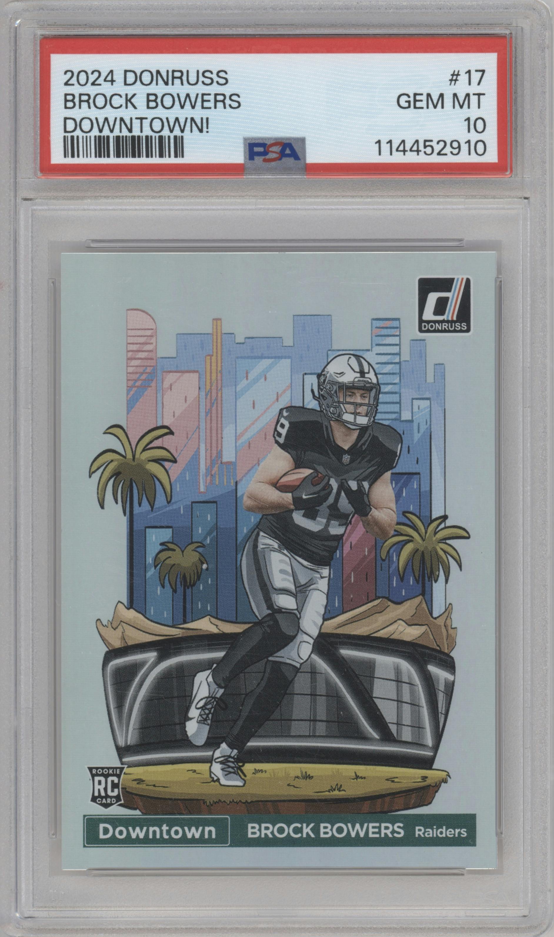 Brock Bowers from the 2024 Donruss set graded by PSA and given an overall grade of 10.