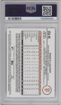 Marco Luciano from the 2024 Topps Chrome Update Sapphire Edition set featuring a Green Sapphire Refractor parallel graded by PSA and given an overall grade of 10.