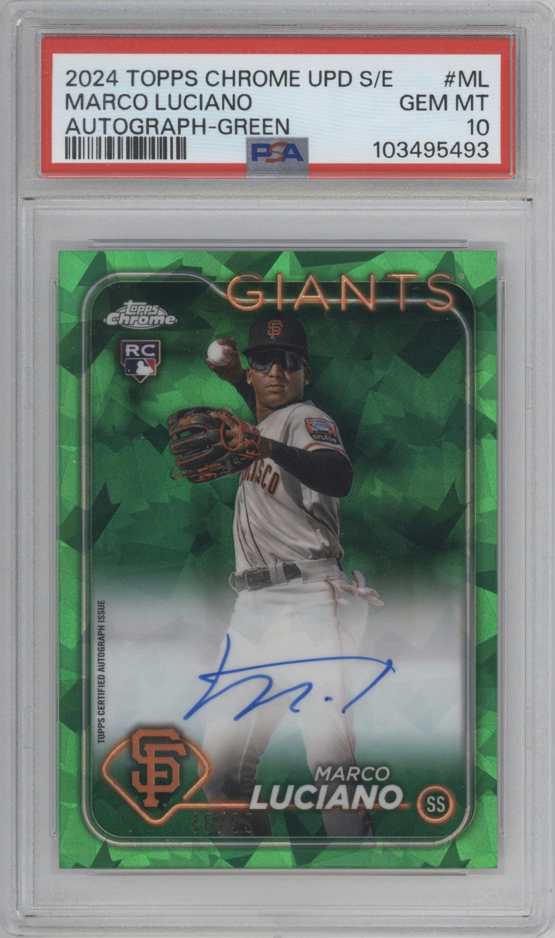 Marco Luciano from the 2024 Topps Chrome Update Sapphire Edition set featuring a Green Sapphire Refractor parallel graded by PSA and given an overall grade of 10.