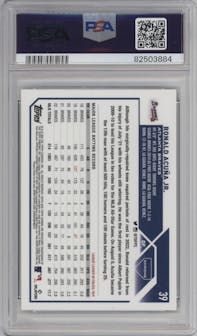 Ronald Acuna Jr.  from the 2023 Topps Chrome set featuring a Gold Refractor parallel graded by PSA and given an overall grade of 10.