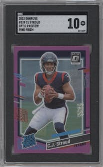 C.J. Stroud from the 2023 Panini Donruss set featuring a Pink Prizm parallel graded by SGC and given an overall grade of 10.