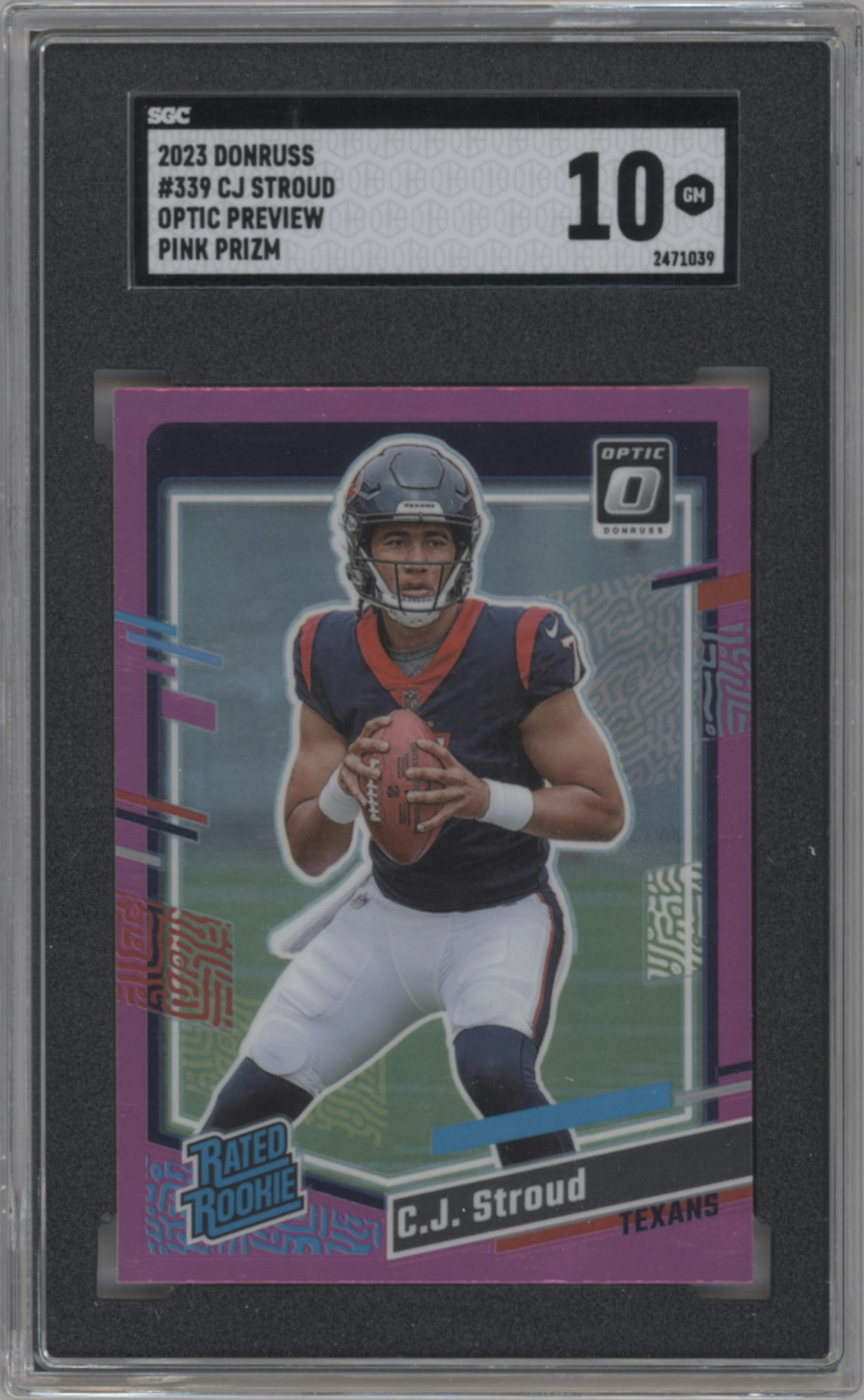C.J. Stroud from the 2023 Panini Donruss set featuring a Pink Prizm parallel graded by SGC and given an overall grade of 10.