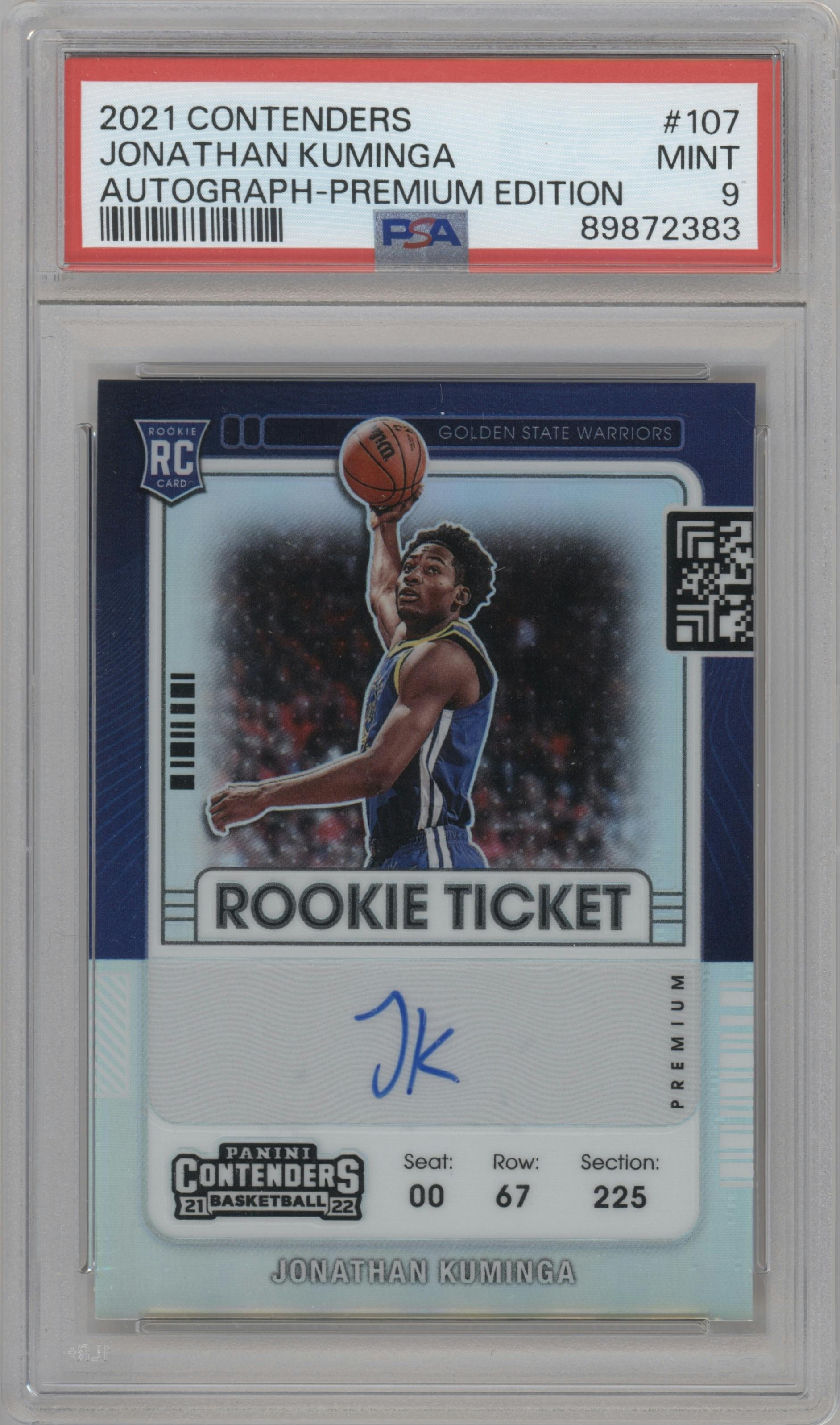 Jonathan Kuminga from the 2021-22 Panini Contenders  set featuring a Premium Edition parallel graded by PSA and given an overall grade of 9.