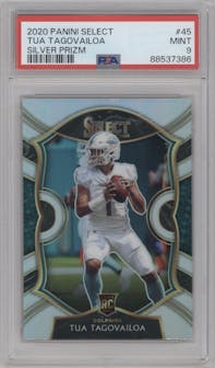 Tua Tagovailoa from the 2020 Panini Select set featuring a Silver Prizm parallel graded by PSA and given an overall grade of 9.