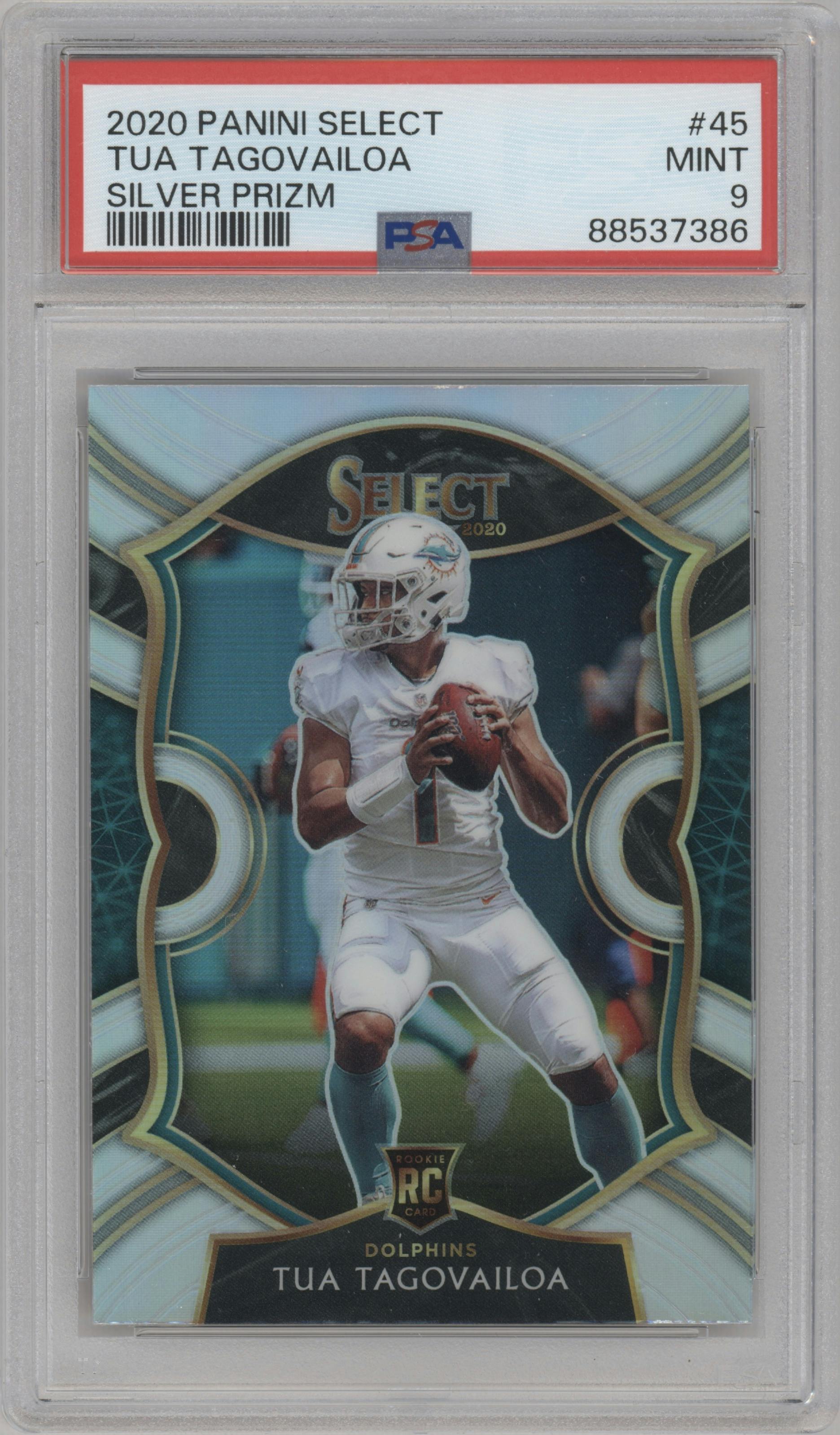 Tua Tagovailoa from the 2020 Panini Select set featuring a Silver Prizm parallel graded by PSA and given an overall grade of 9.