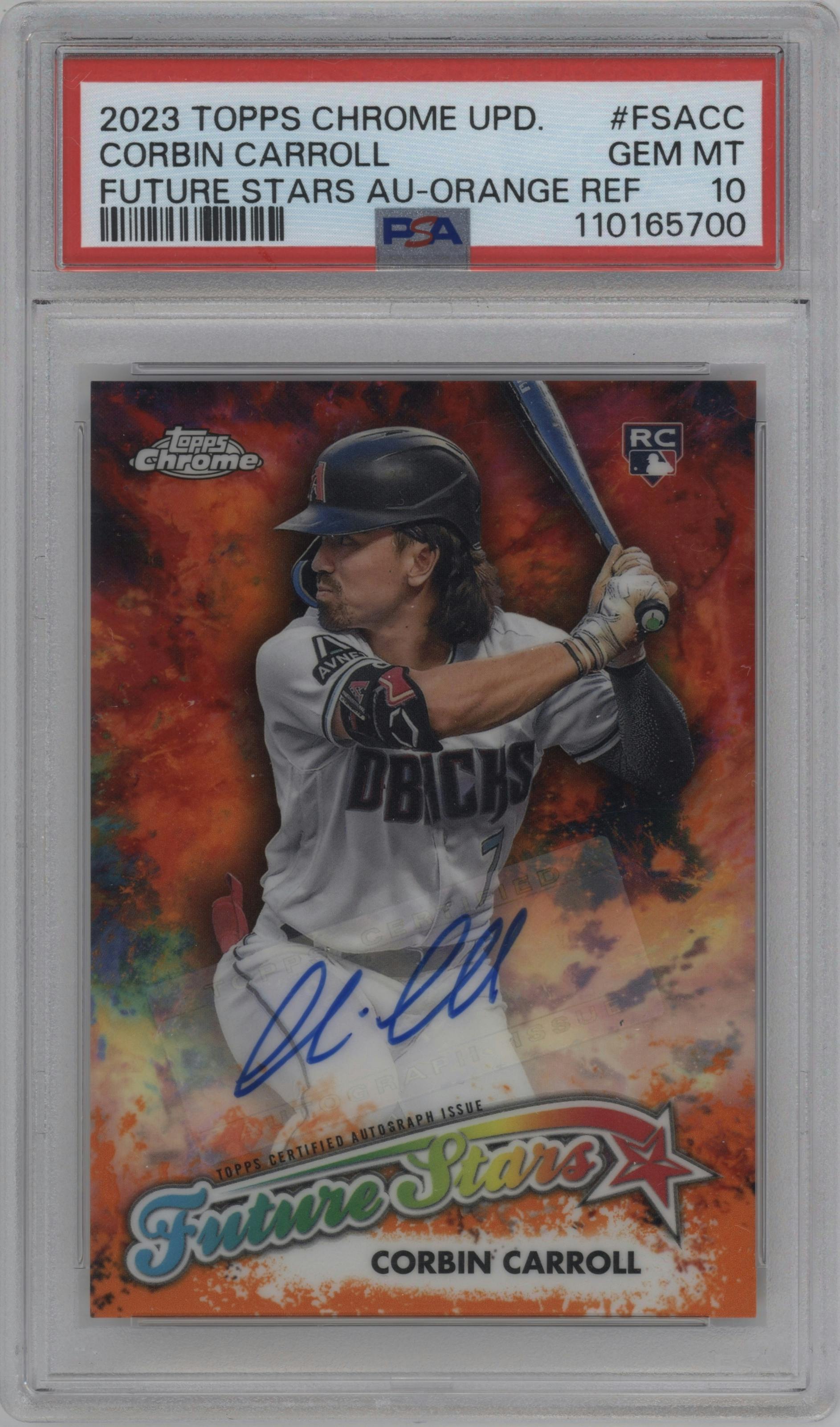 Corbin Carroll from the 2023 Topps Chrome Update set featuring a Orange Refractor parallel graded by PSA and given an overall grade of 10.
