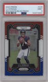 C.J. Stroud from the 2023 Panini Prizm set featuring a Red/White/Blue parallel graded by PSA and given an overall grade of 9.
