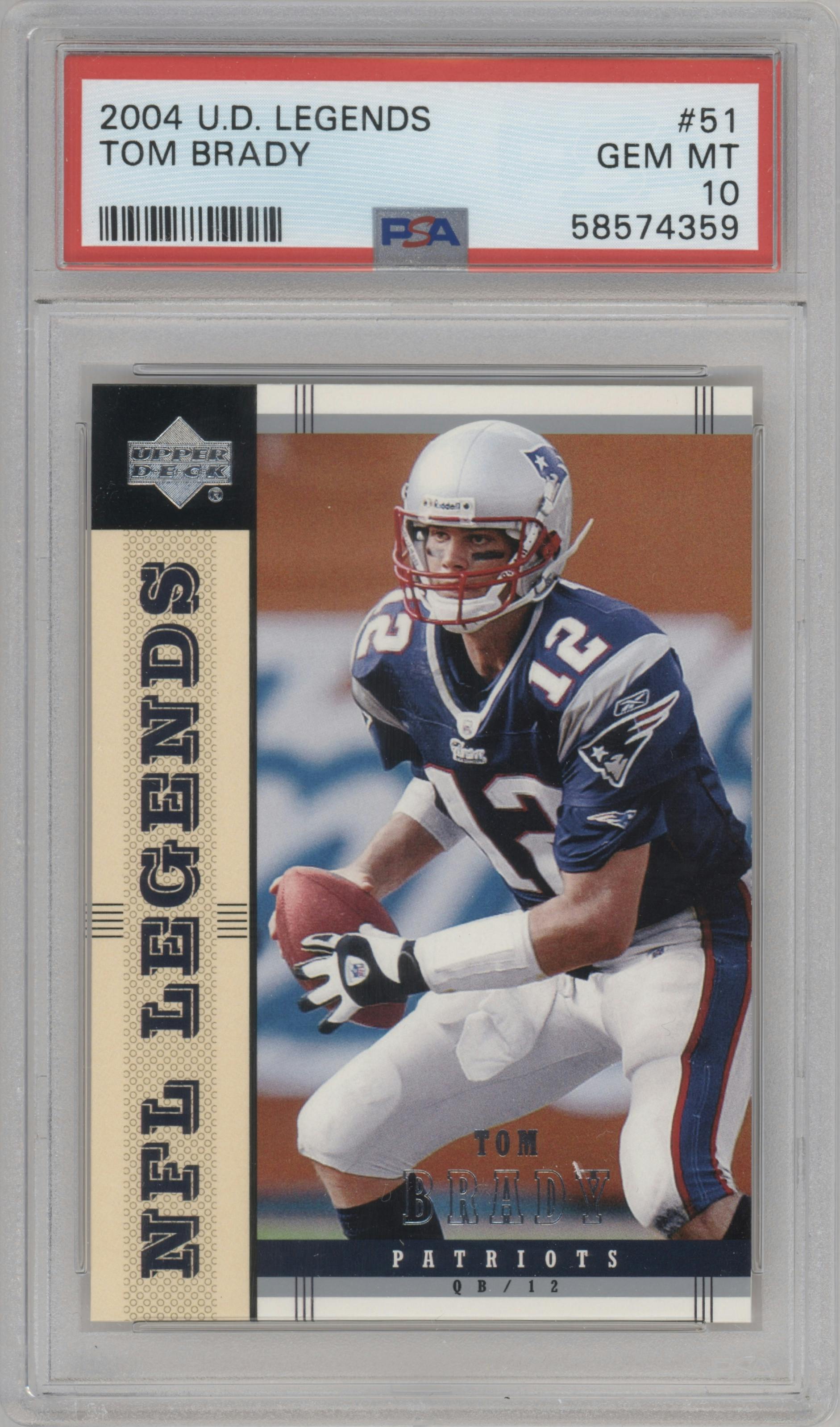 Tom Brady from the 2004 Upper Deck Legends set graded by PSA and given an overall grade of 10.