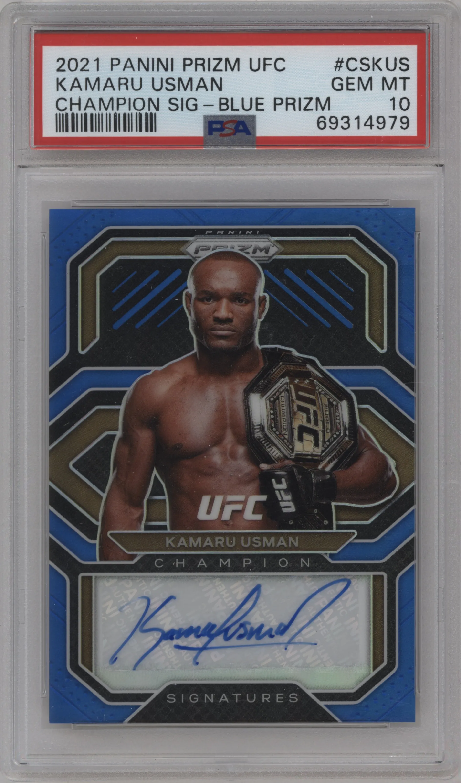 2021 Panini Prizm UFC Champion Sig. Kamaru Usman Blue Prizm #CS-KUS PSA 10