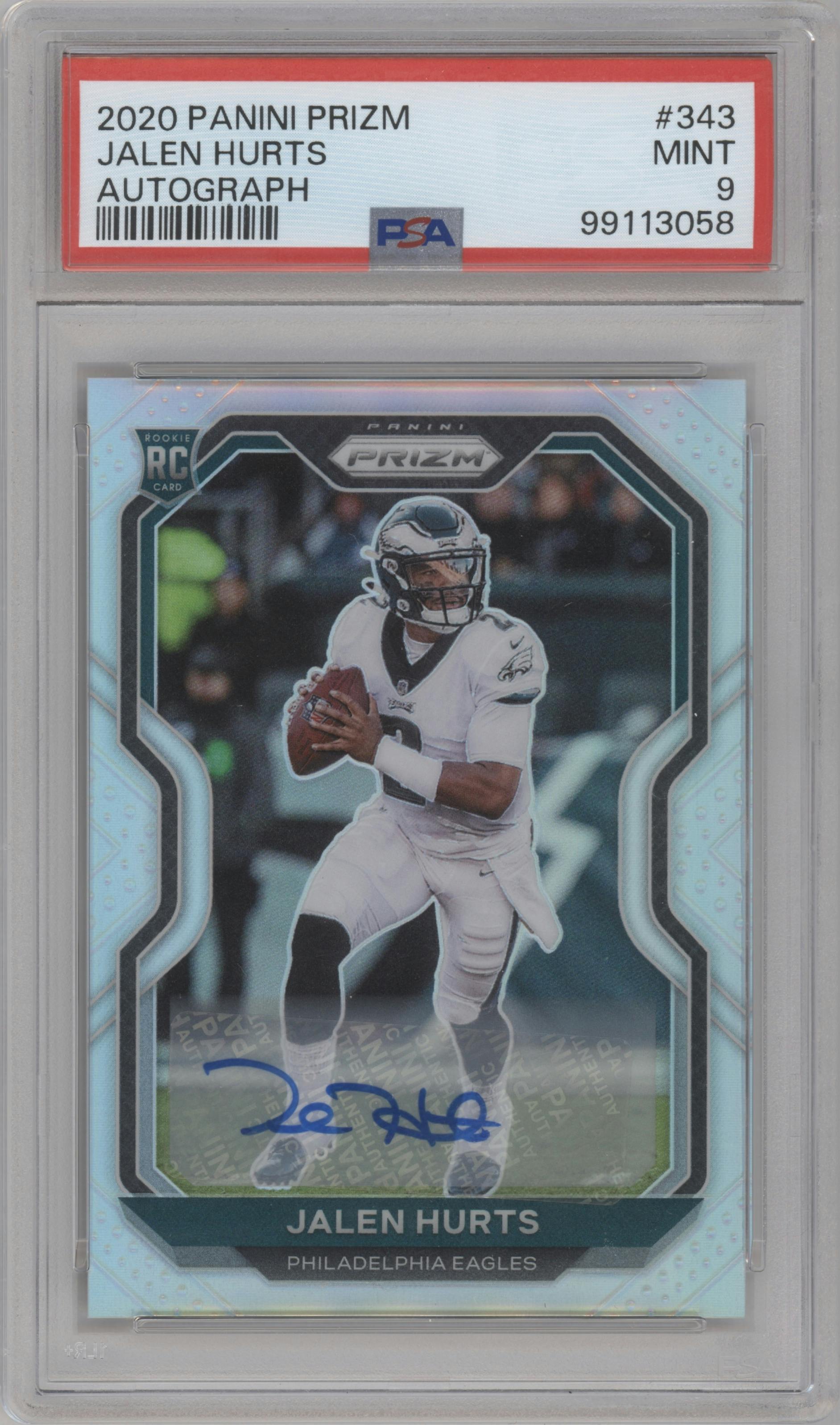 Jalen Hurts from the 2020 Panini Prizm set graded by PSA and given an overall grade of 9.