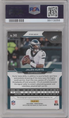 Jalen Hurts from the 2020 Panini Prizm set graded by PSA and given an overall grade of 9.