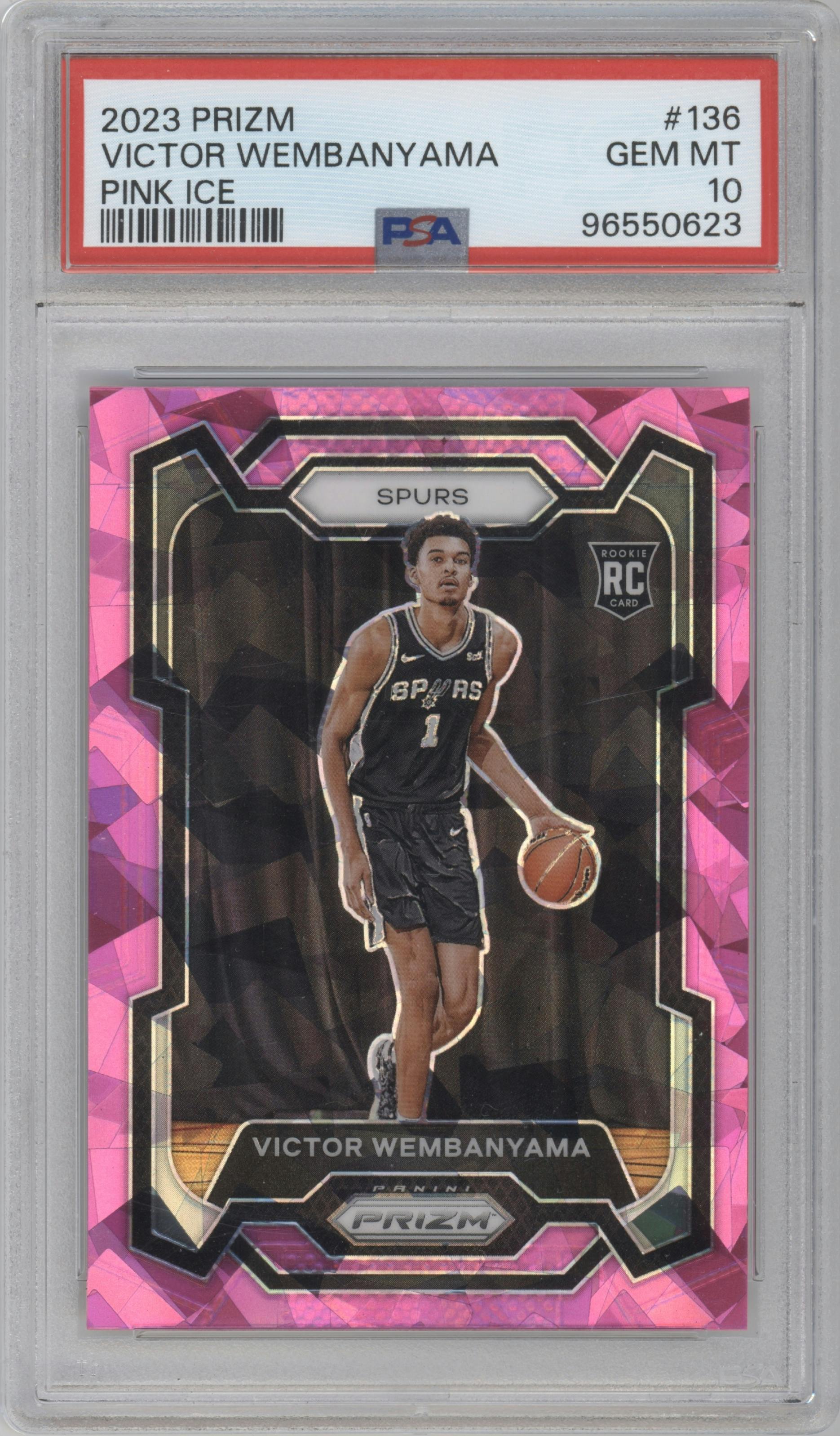 Victor Wembanyama from the 2023-24 Panini Prizm set featuring a Pink Ice parallel graded by PSA and given an overall grade of 10.