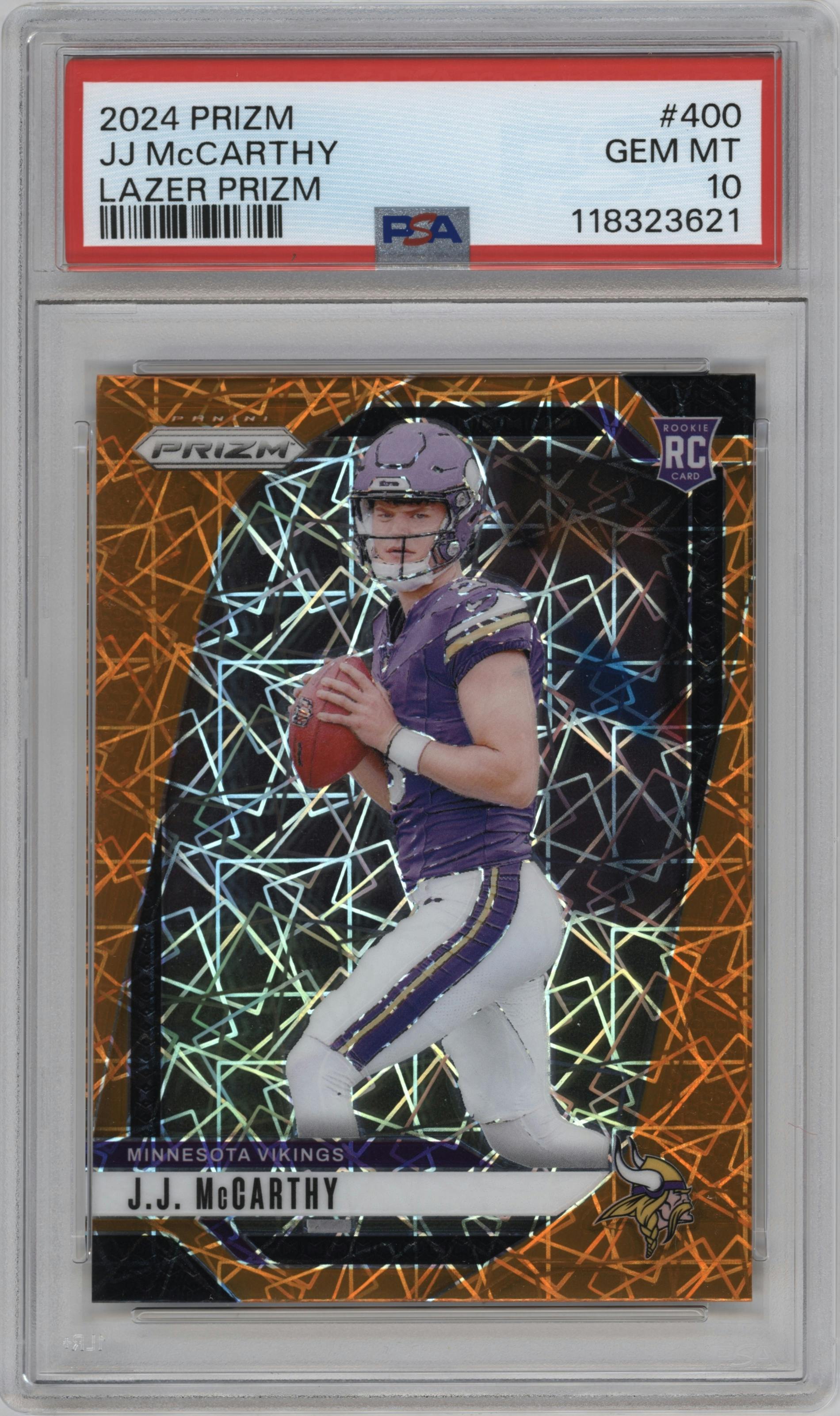 J.J. McCarthy from the 2024 Panini Prizm set featuring a Lazer Prizm parallel graded by PSA and given an overall grade of 10.
