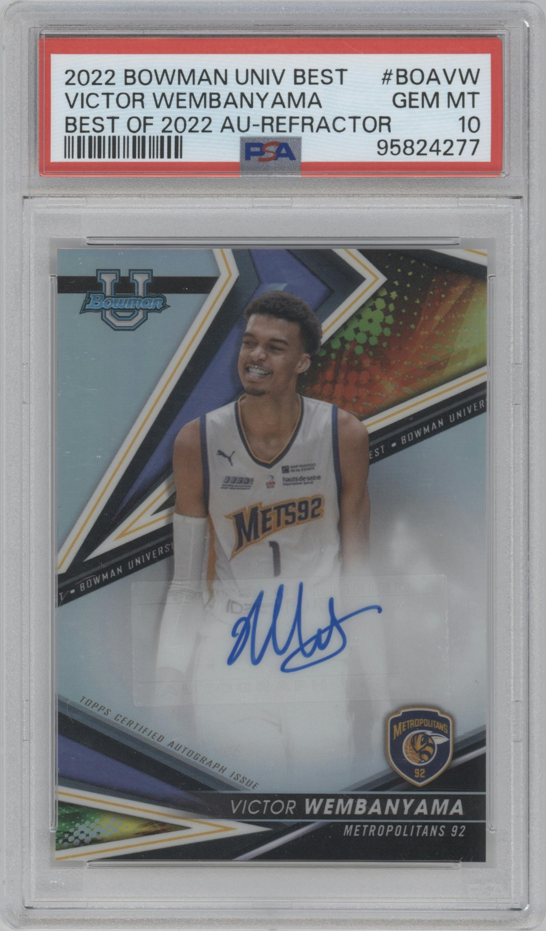Victor Wembanyama from the 2022-23 Bowman University Chrome set featuring a Refractor parallel graded by PSA and given an overall grade of 10.