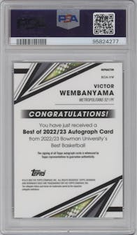Victor Wembanyama from the 2022-23 Bowman University Chrome set featuring a Refractor parallel graded by PSA and given an overall grade of 10.