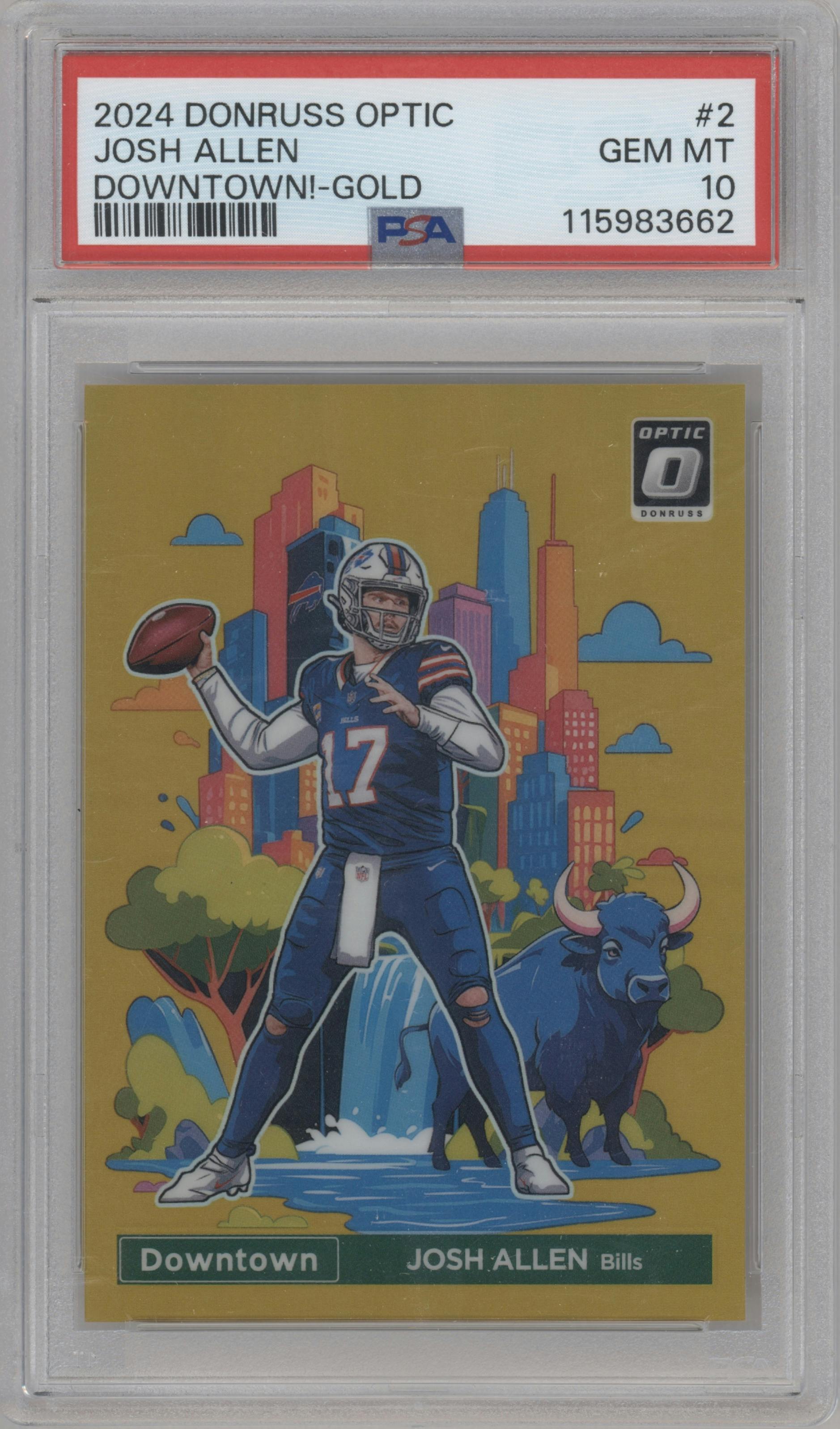 Josh Allen from the 2024 Donruss Optic set featuring a Gold parallel graded by PSA and given an overall grade of 10.