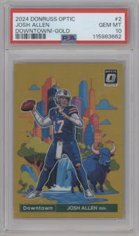 Josh Allen from the 2024 Donruss Optic set featuring a Gold parallel graded by PSA and given an overall grade of 10.