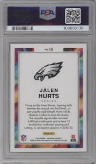 Jalen Hurts from the 2024 Panini Obsidian set graded by PSA and given an overall grade of 9.