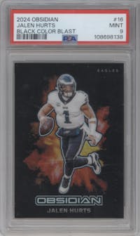 Jalen Hurts from the 2024 Panini Obsidian set graded by PSA and given an overall grade of 9.