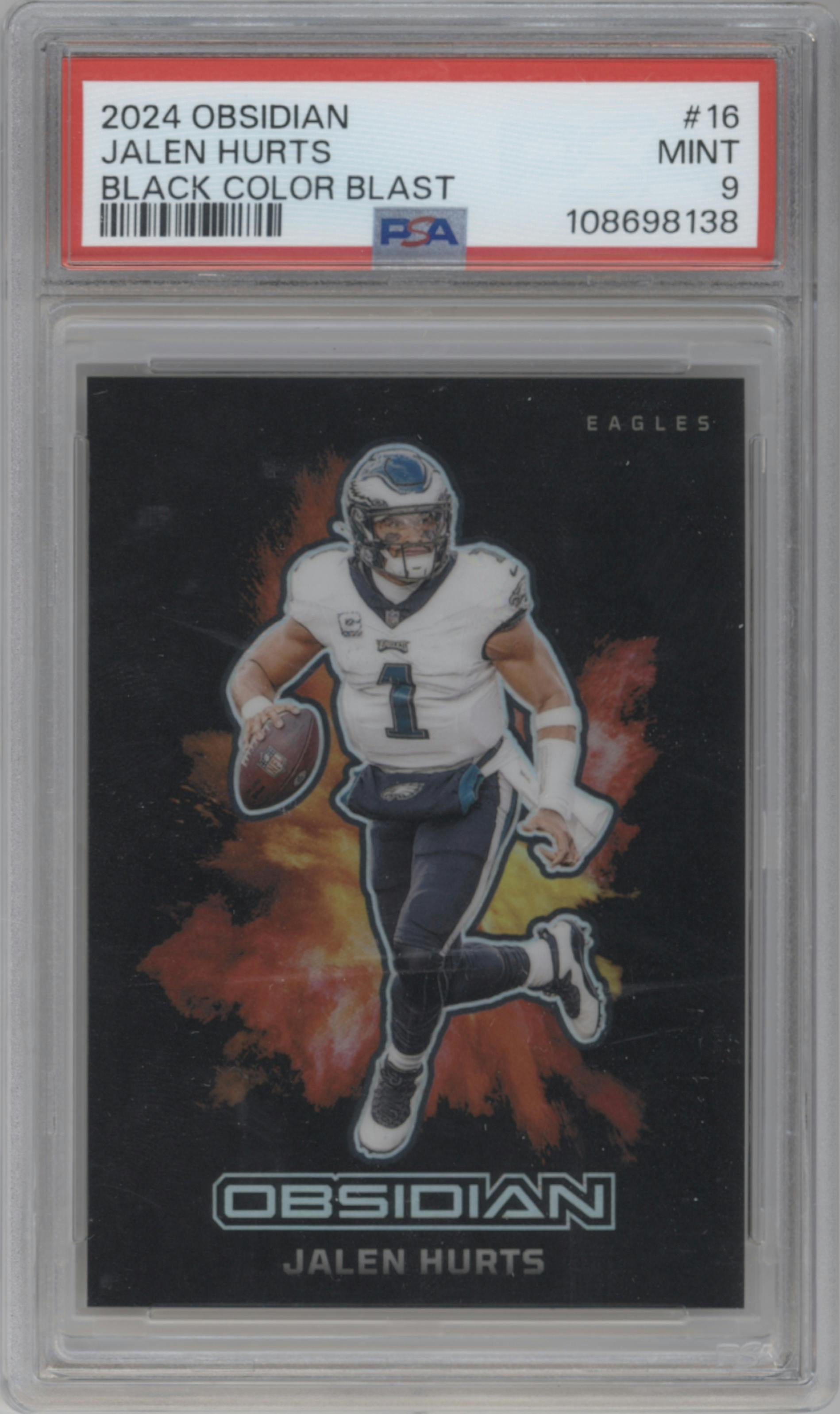 Jalen Hurts from the 2024 Panini Obsidian set graded by PSA and given an overall grade of 9.