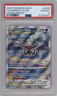 Darkrai VSTAR from the 2023 Pokemon SWSH set graded by PSA and given an overall grade of 10.