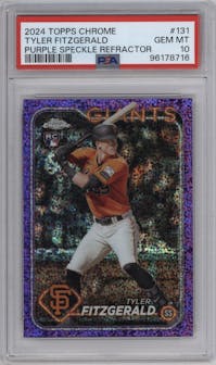 Tyler Fitzgerald from the 2024 Topps Chrome set featuring a Purple Speckle Refractor parallel graded by PSA and given an overall grade of 10.