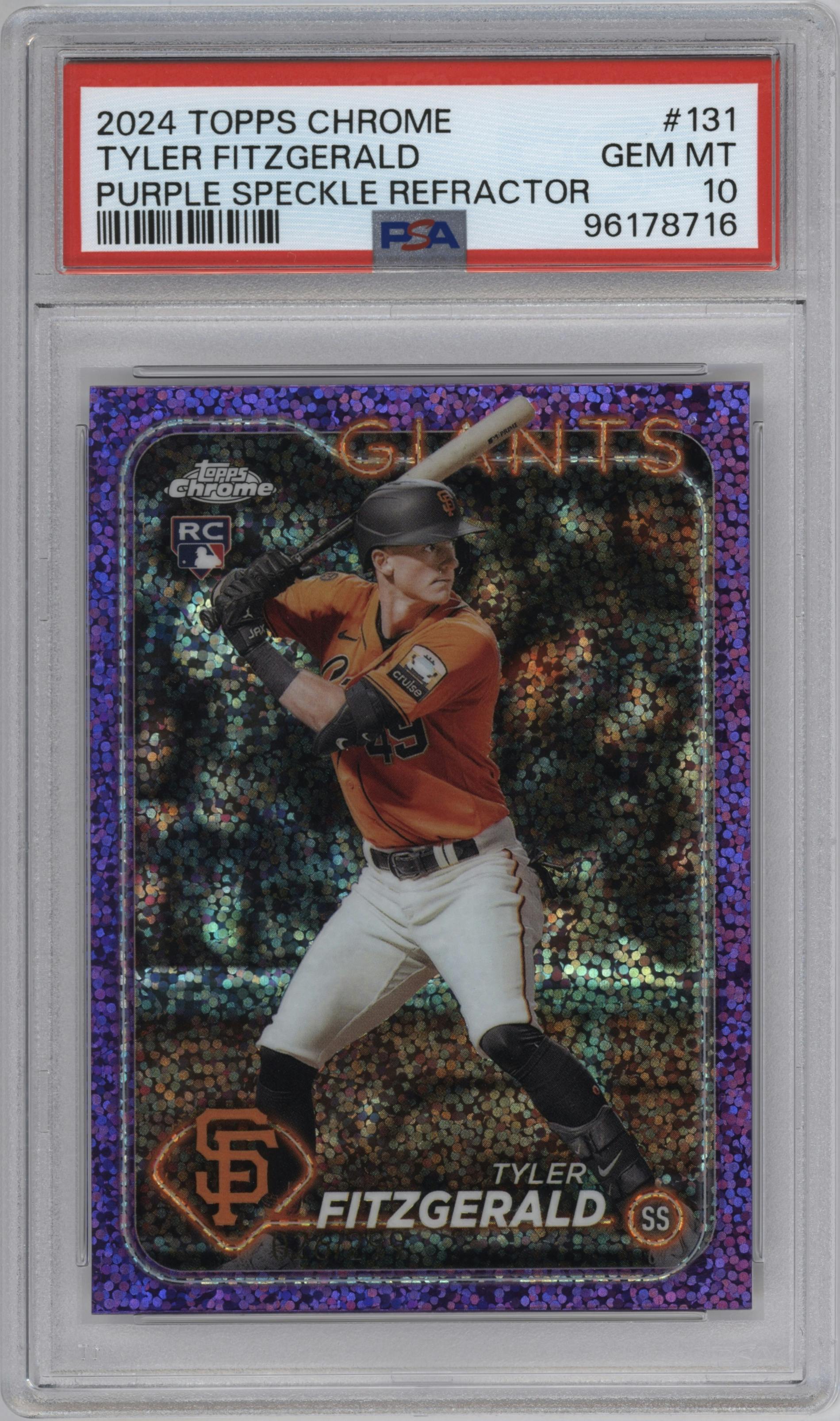 Tyler Fitzgerald from the 2024 Topps Chrome set featuring a Purple Speckle Refractor parallel graded by PSA and given an overall grade of 10.