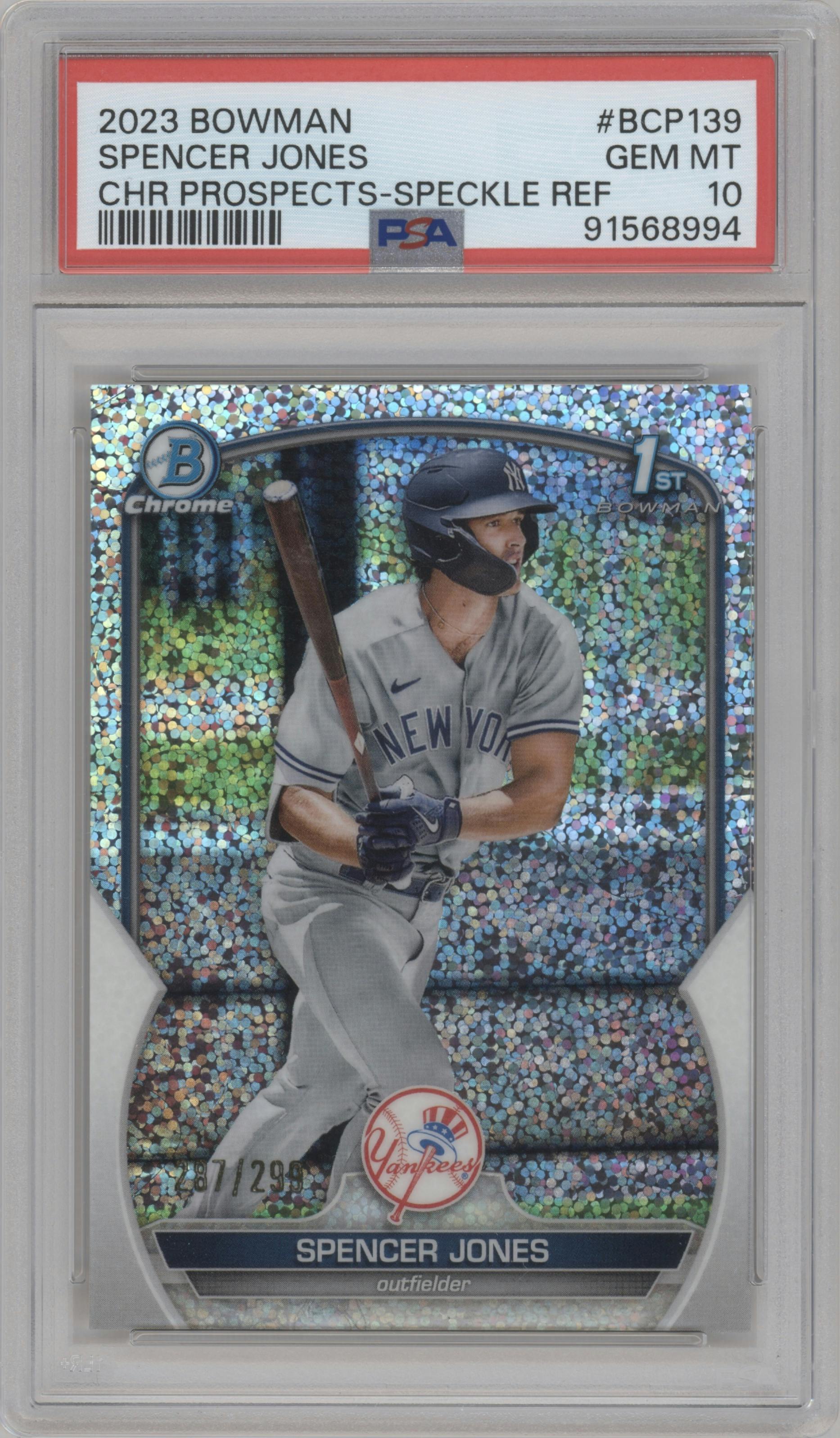 Spencer Jones from the 2023 Bowman  set featuring a Speckle Refractor  parallel graded by PSA and given an overall grade of 10.