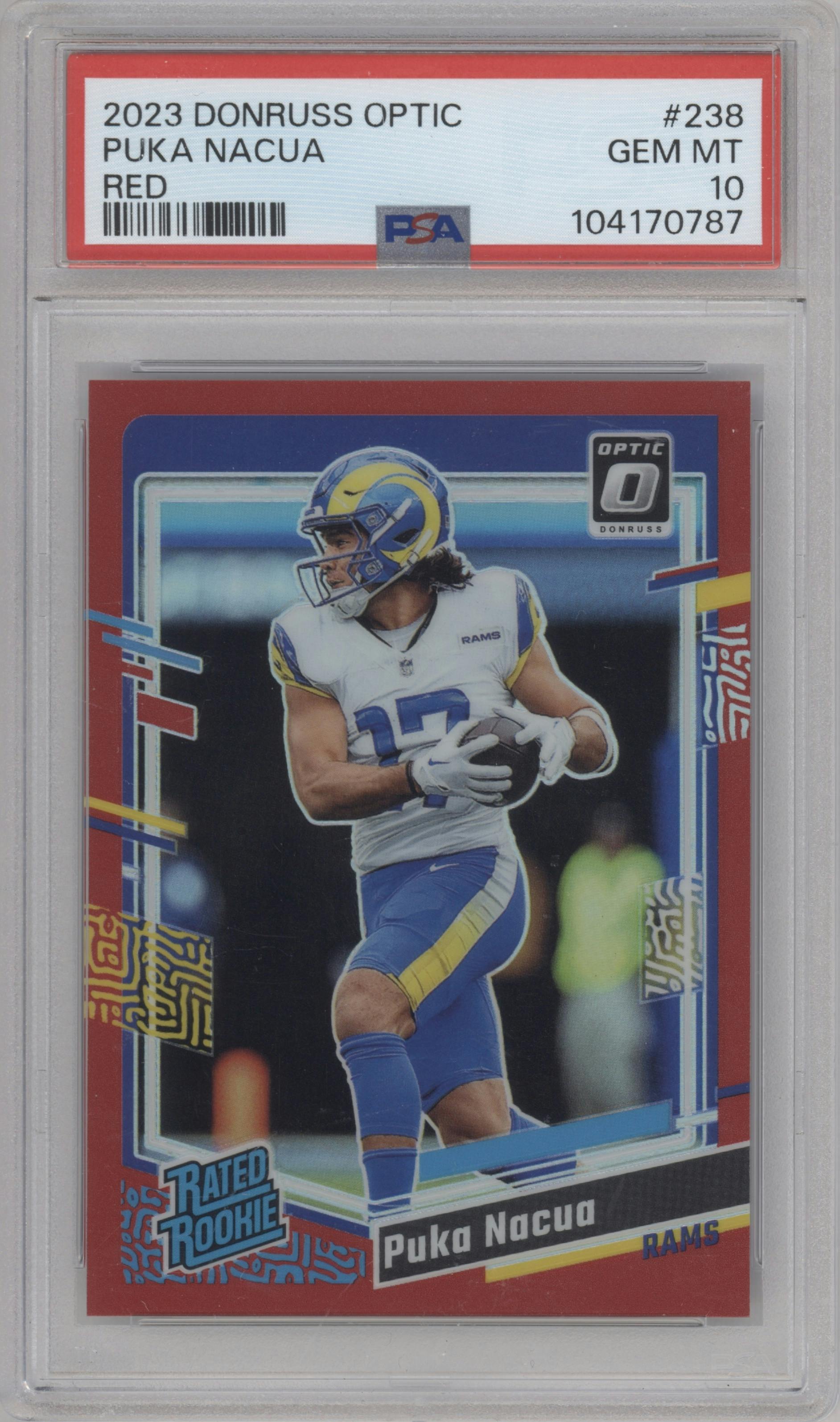 Puka Nacua from the 2023 Donruss Optic set featuring a Red parallel graded by PSA and given an overall grade of 10.