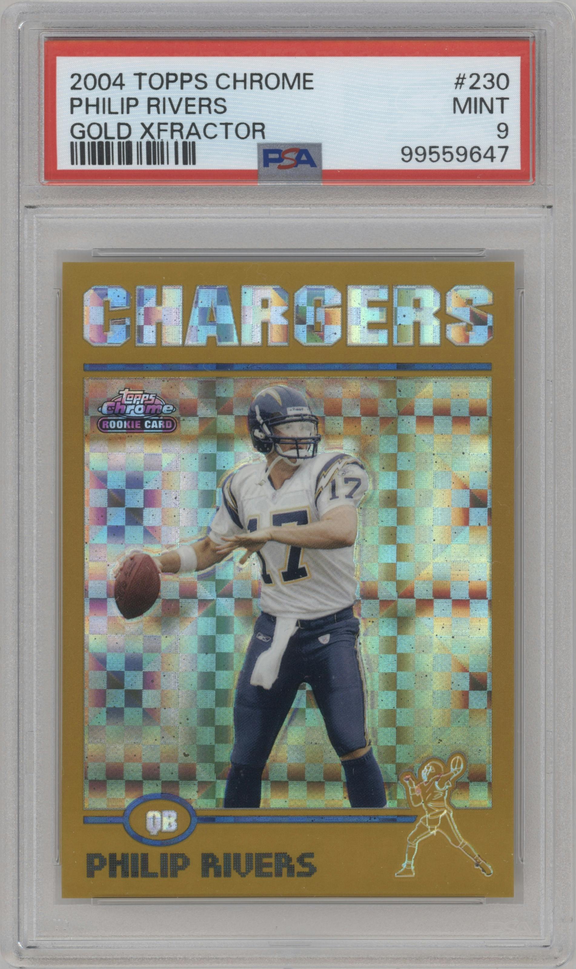 Philip Rivers from the 2004 Topps Chrome set featuring a Gold X-Fractor parallel graded by PSA and given an overall grade of 9.