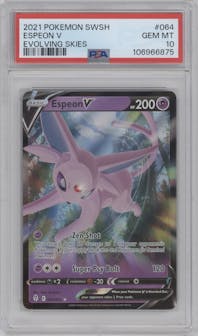 Espeon V from the 2021 Pokemon SWSH set graded by PSA and given an overall grade of 10.