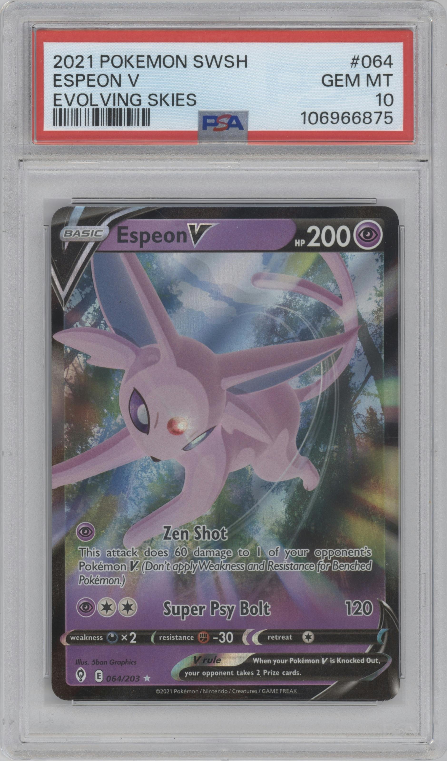 Espeon V from the 2021 Pokemon SWSH set graded by PSA and given an overall grade of 10.
