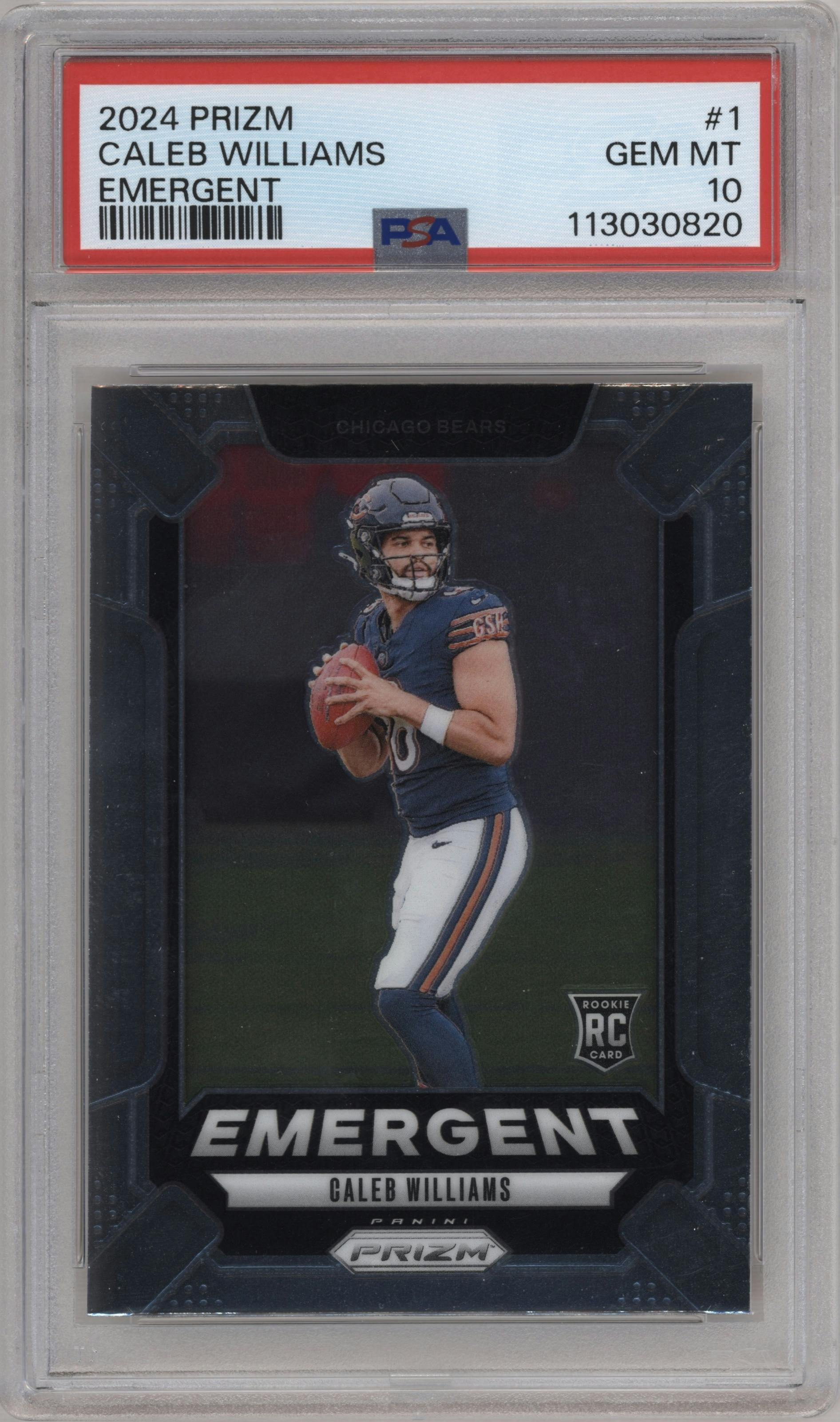 Caleb Williams from the 2024 Panini Prizm set graded by PSA and given an overall grade of 10.