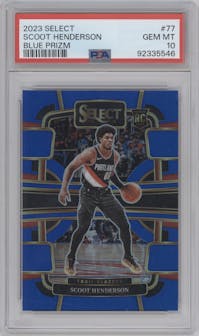 Scoot Henderson from the 2023-24 Panini Select  set featuring a Blue Prizm parallel graded by PSA and given an overall grade of 10.
