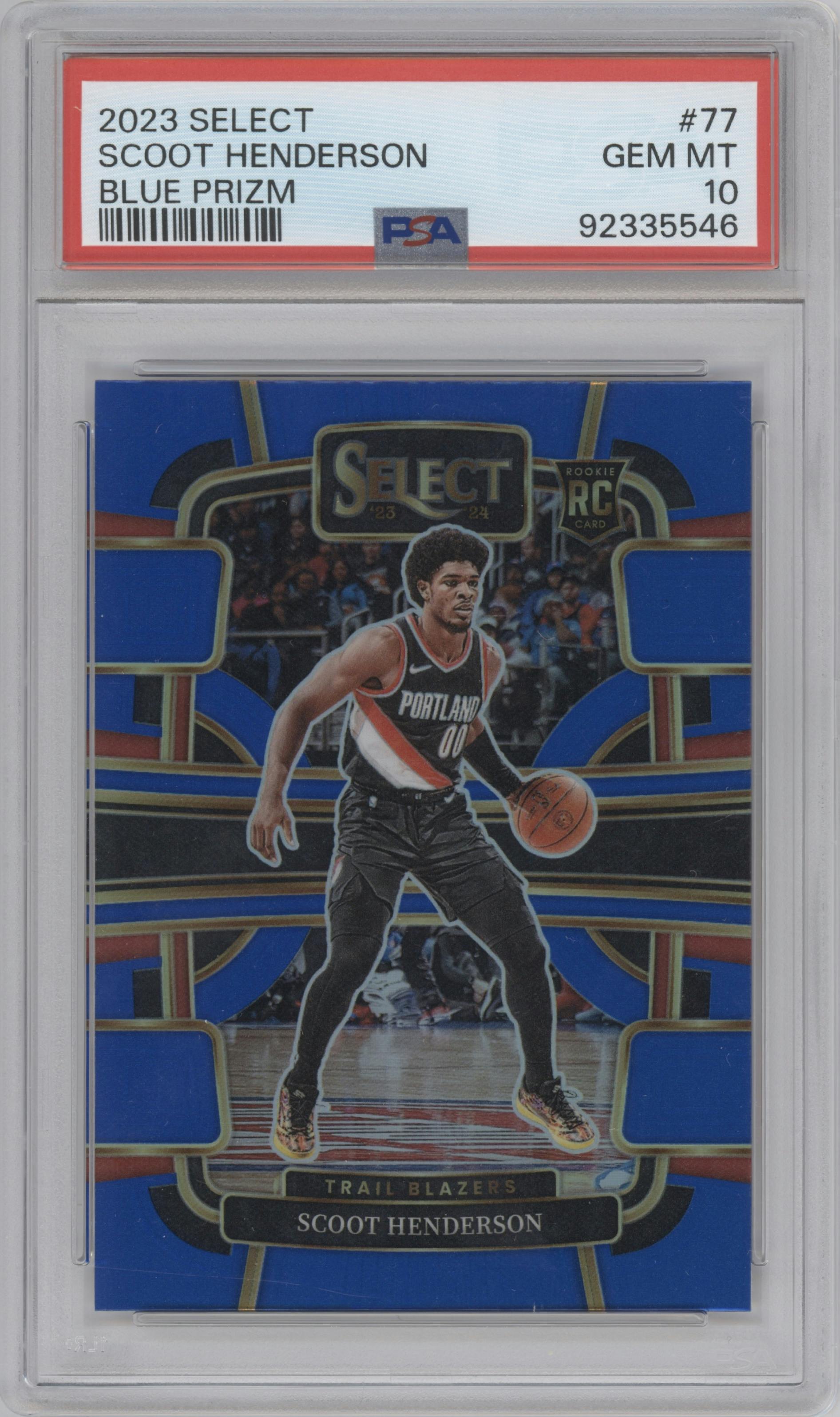 Scoot Henderson from the 2023-24 Panini Select  set featuring a Blue Prizm parallel graded by PSA and given an overall grade of 10.