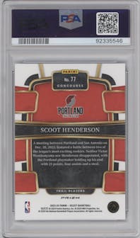 Scoot Henderson from the 2023-24 Panini Select  set featuring a Blue Prizm parallel graded by PSA and given an overall grade of 10.