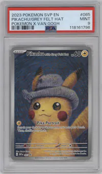 Pikachu with Grey Felt Hat from the 2023 Pokemon SV set featuring a Pokemon x Van Gogh parallel graded by PSA and given an overall grade of 9.