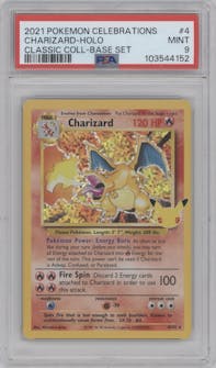 Charizard from the 2021 Pokemon SWSH set featuring a Base Set parallel graded by PSA and given an overall grade of 9.
