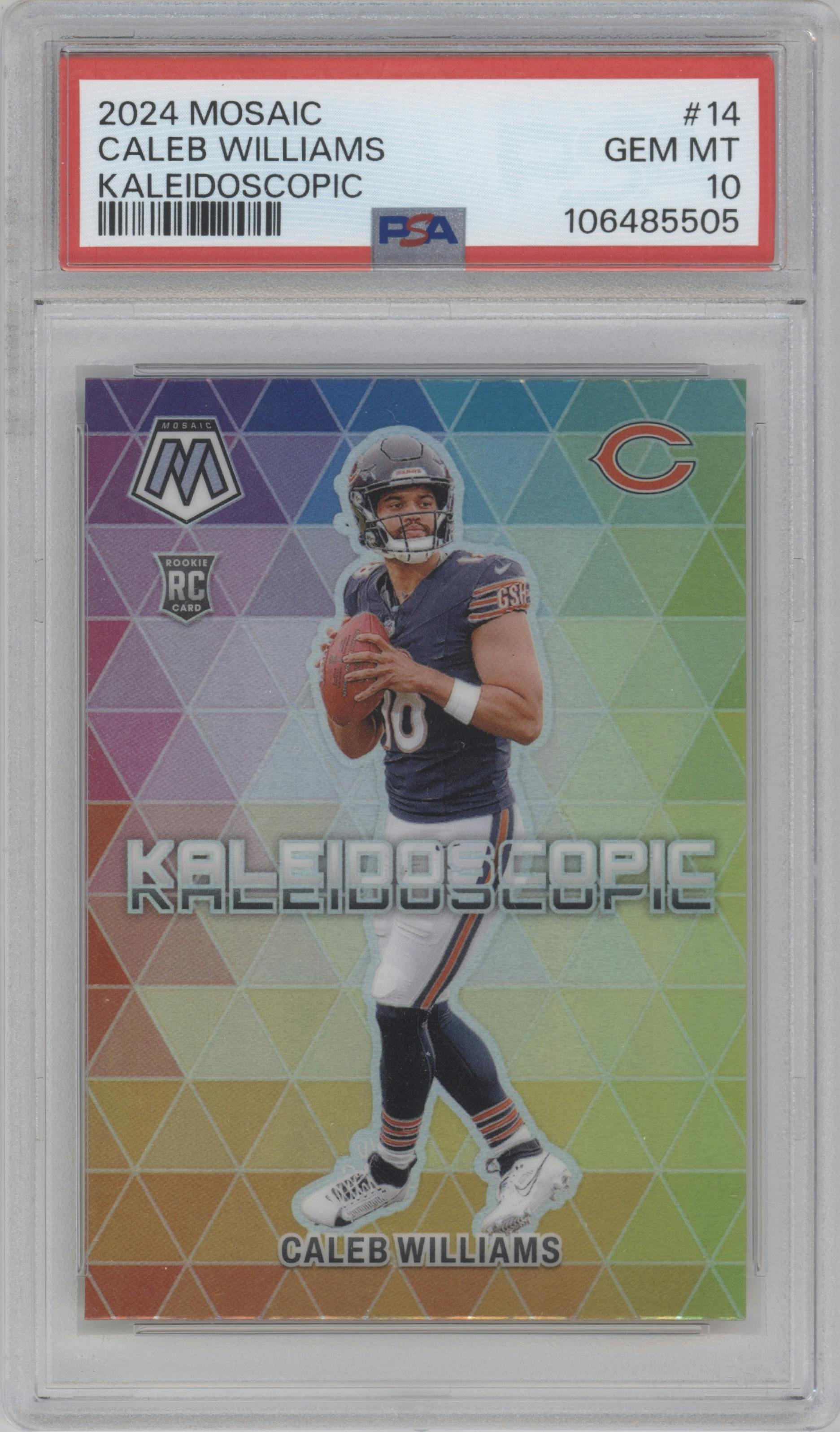 Caleb Williams  from the 2024 Panini Mosaic set graded by PSA and given an overall grade of 10.