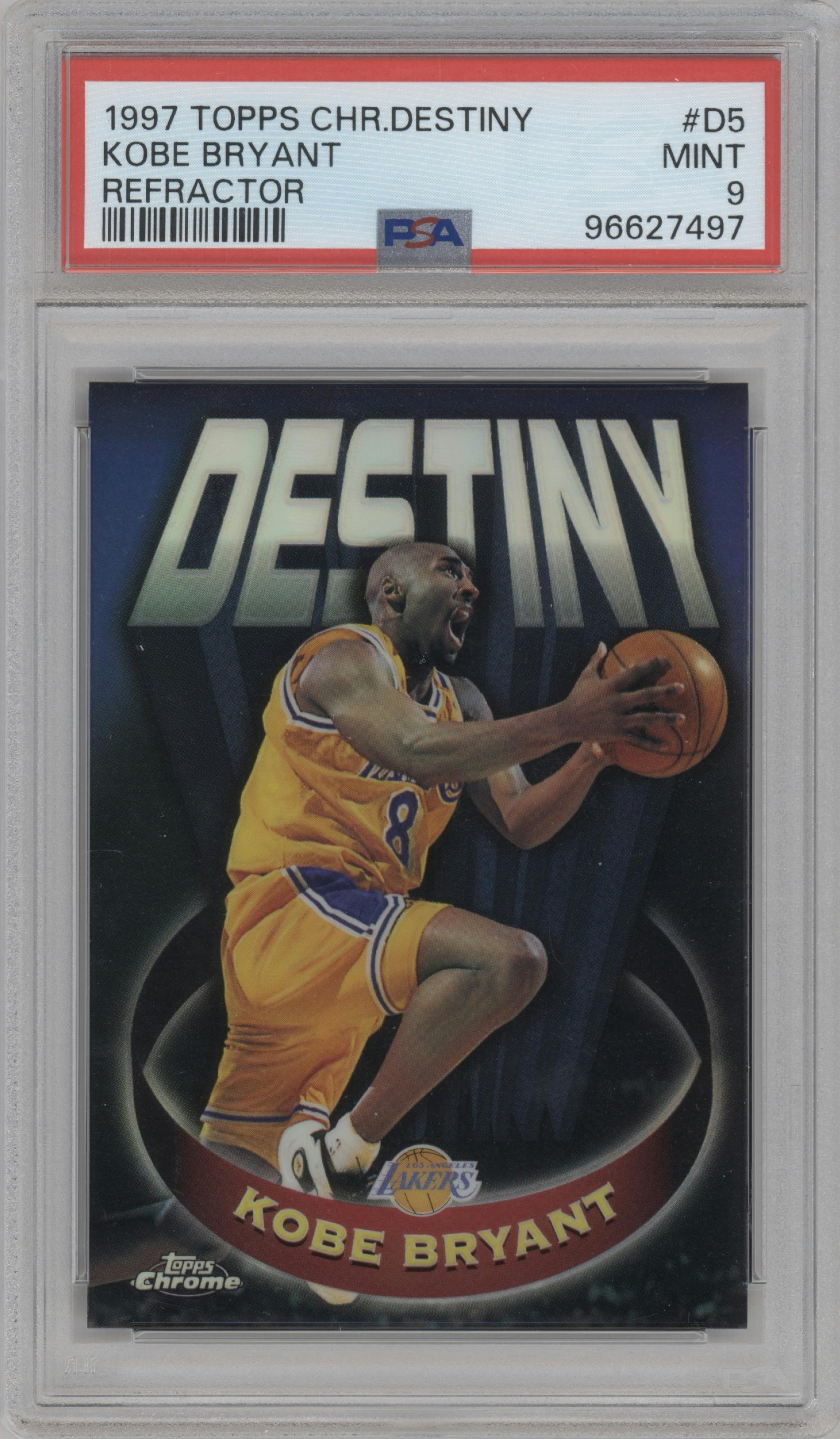 Kobe Bryant from the 1997-98 Topps Chrome set featuring a Refractor parallel graded by PSA and given an overall grade of 9.