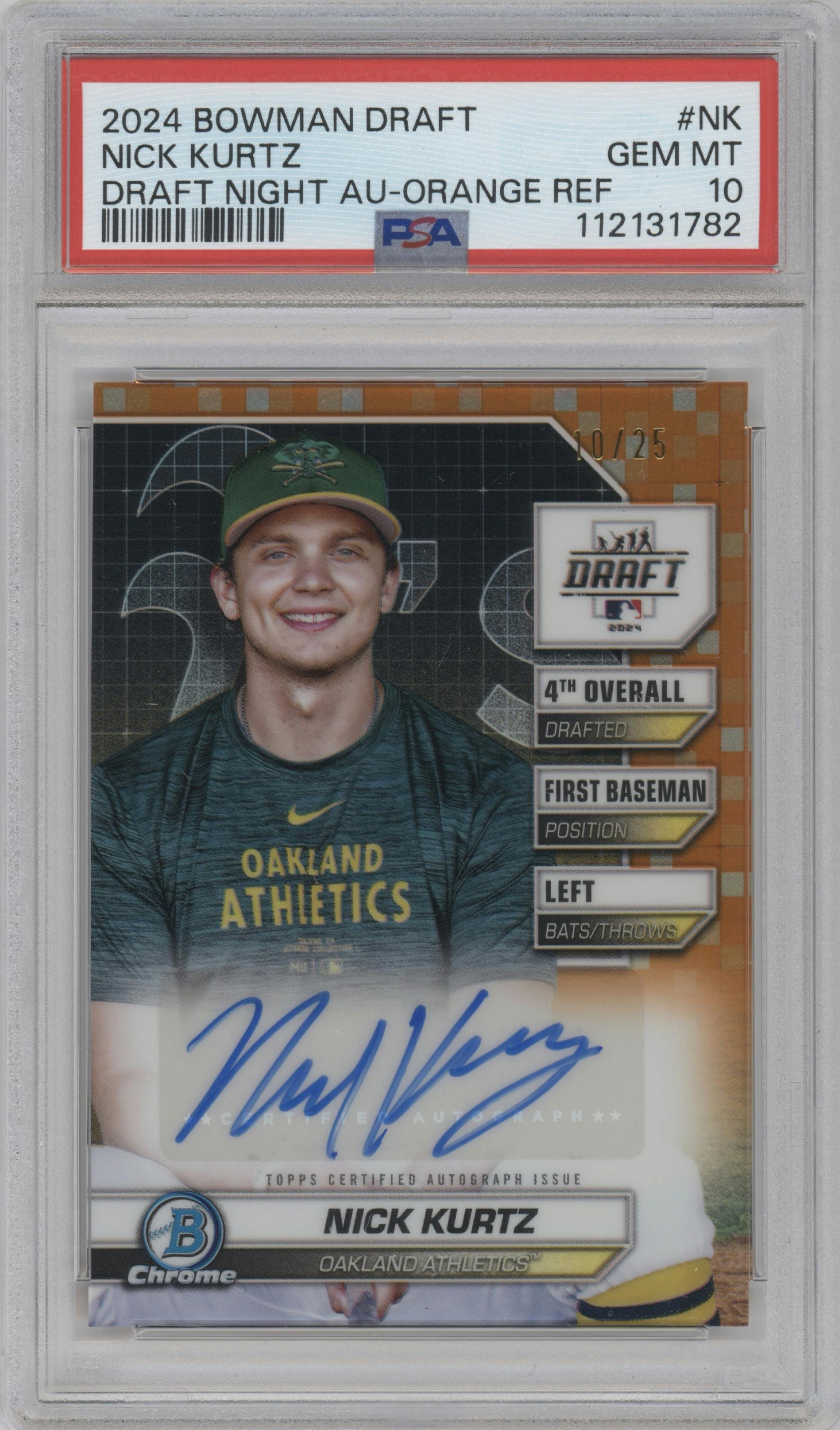 Nick Kurtz from the 2024 Bowman Draft set featuring a Orange Refractor parallel graded by PSA and given an overall grade of 10.