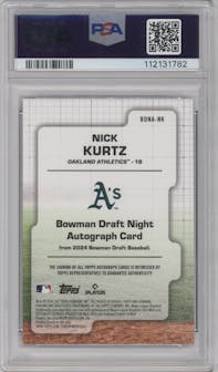 Nick Kurtz from the 2024 Bowman Draft set featuring a Orange Refractor parallel graded by PSA and given an overall grade of 10.