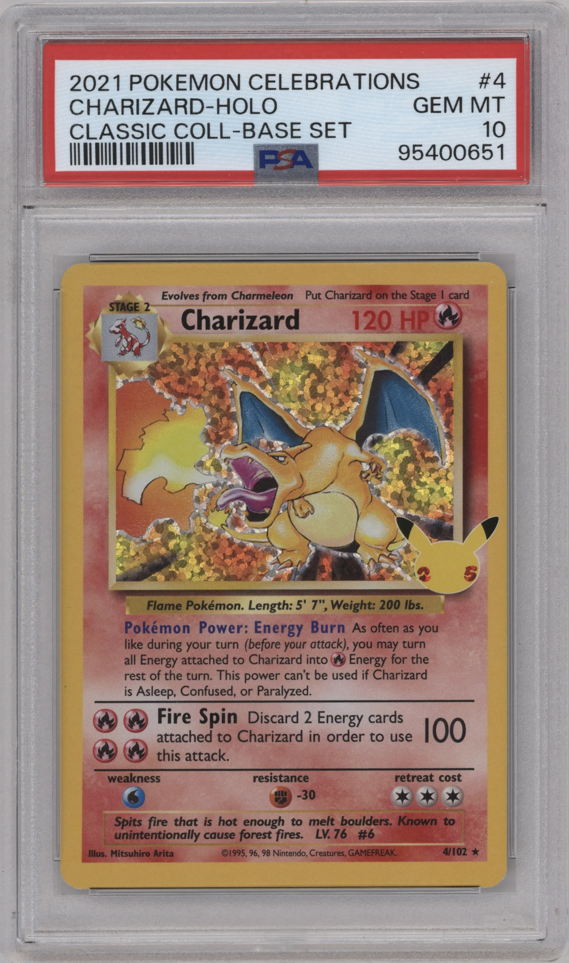 Charizard from the 2021 Pokemon SWSH set featuring a Base Set parallel graded by PSA and given an overall grade of 10.