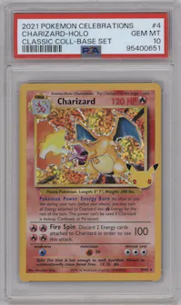 Charizard from the 2021 Pokemon SWSH set featuring a Base Set parallel graded by PSA and given an overall grade of 10.