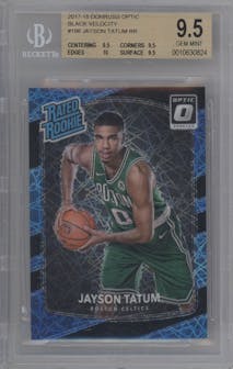 Jayson Tatum from the 2017-18 Panini Donruss Optic set featuring a Black Velocity parallel graded by Beckett and given an overall grade of 9.5.
