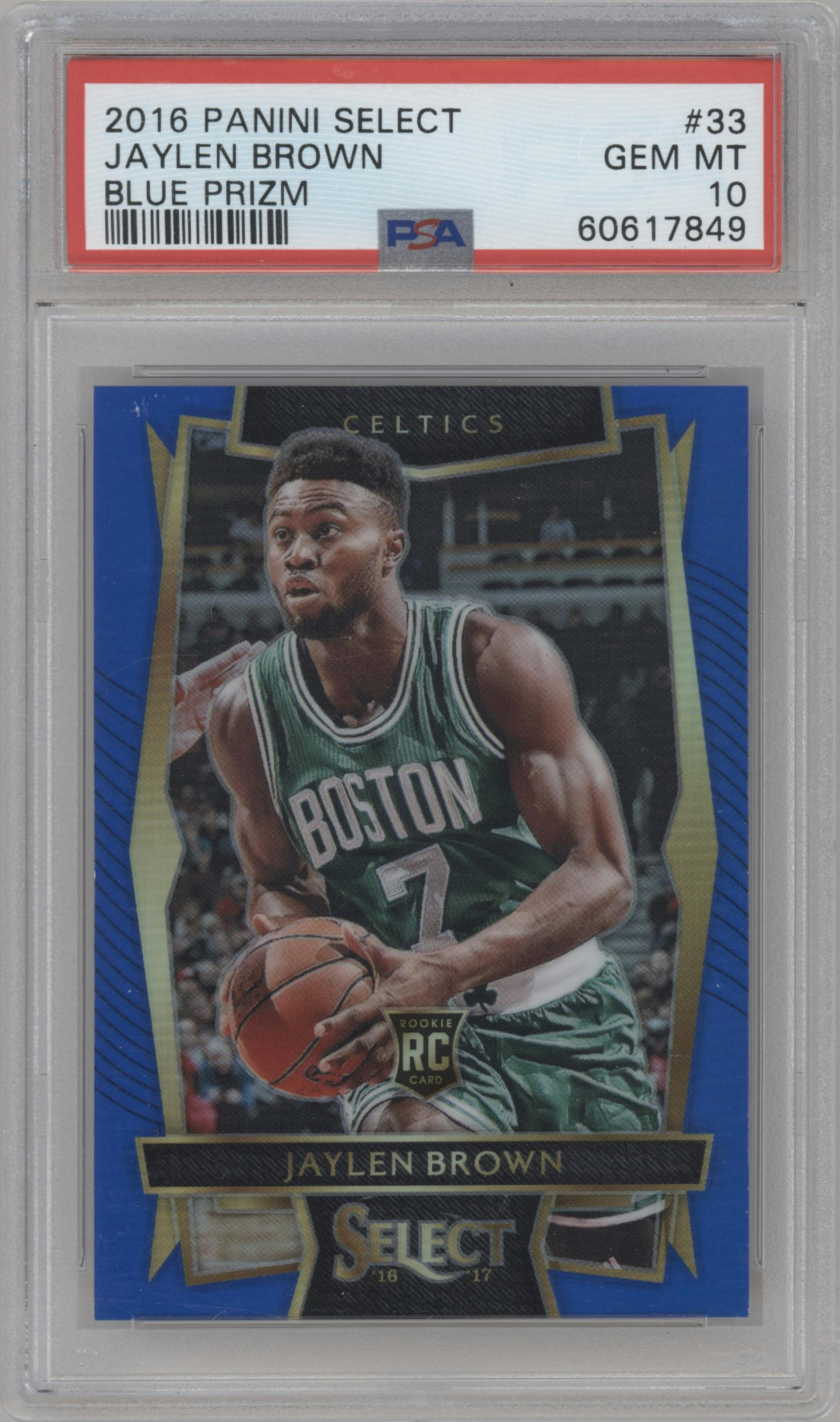 Jaylen Brown from the 2016-17 Panini Select set featuring a Blue Prizm parallel graded by PSA and given an overall grade of 10.