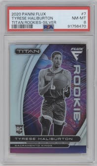 Tyrese Haliburton from the 2020-21 Panini Flux set featuring a Silver parallel graded by PSA and given an overall grade of 8.