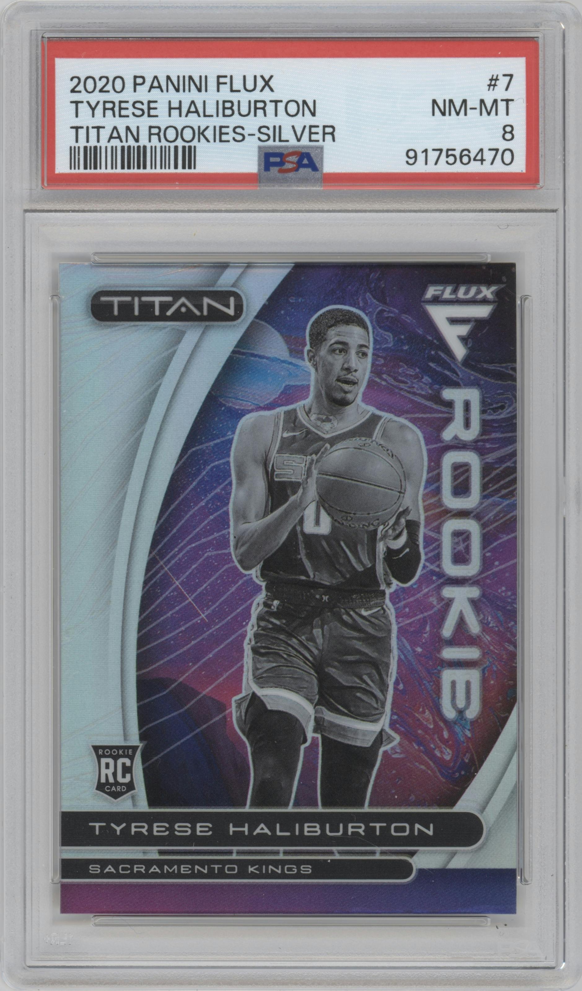 Tyrese Haliburton from the 2020-21 Panini Flux set featuring a Silver parallel graded by PSA and given an overall grade of 8.